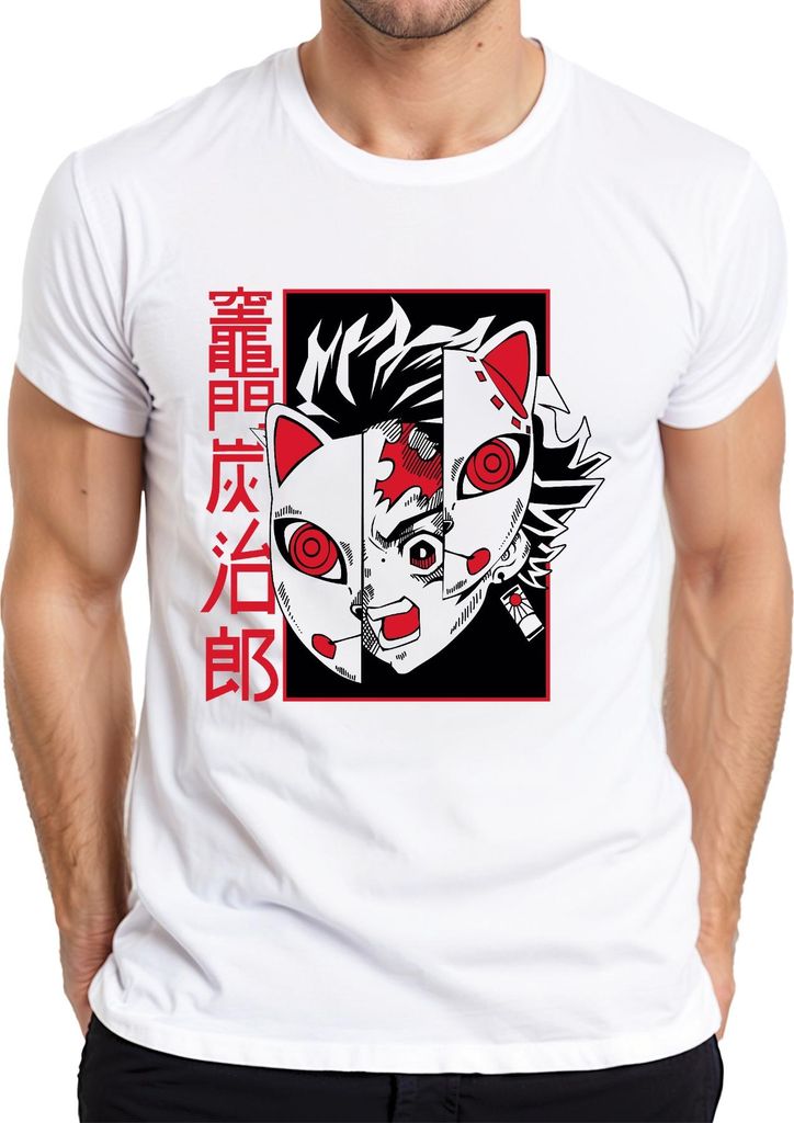 Tanjiro Kamado Kimetsu no Yaiba Fuchsmaske Anime Geschenk Herren T-Shirt, Weiß, XXL