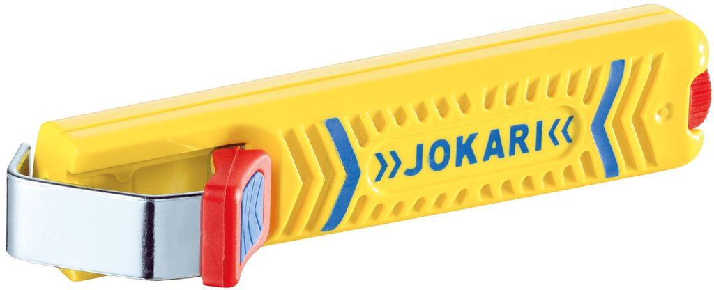 A yellow wire stripper tool with blue accents and red details, branded JOKARI, is shown against a white background.