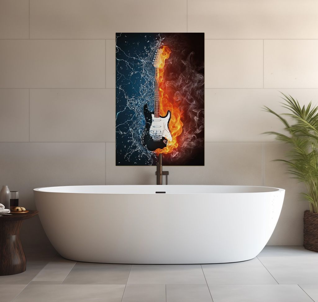 Wallario wasserfestes Poster selbstklebend 91,50 x 61 cm, Feuer-Wasser-Gitarre, Badezimmerposter Spritzschutz mit Hochglanzoberfläche in Glasoptik
