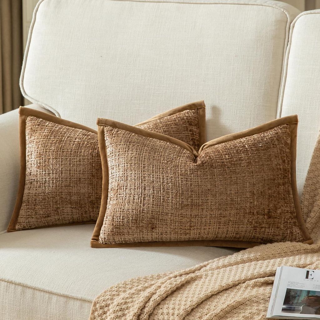 Set aus 2 hellbraunen Chenille-Kissenbezügen, 40x60 cm, mit Samtrückseite, für Sofa, Schlafzimmer oder Wohnzimmer.