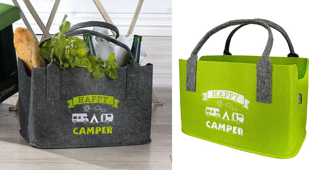 Gilde Tasche, "Happy Camper", Spruch, Wohnwagenmotiv, Filz, Immagine del prodotto 
