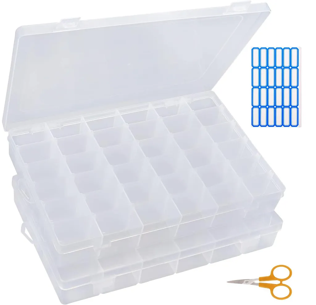 Lot de 2 boîtes de rangement 36 compartiments avec étiquettes et ciseaux