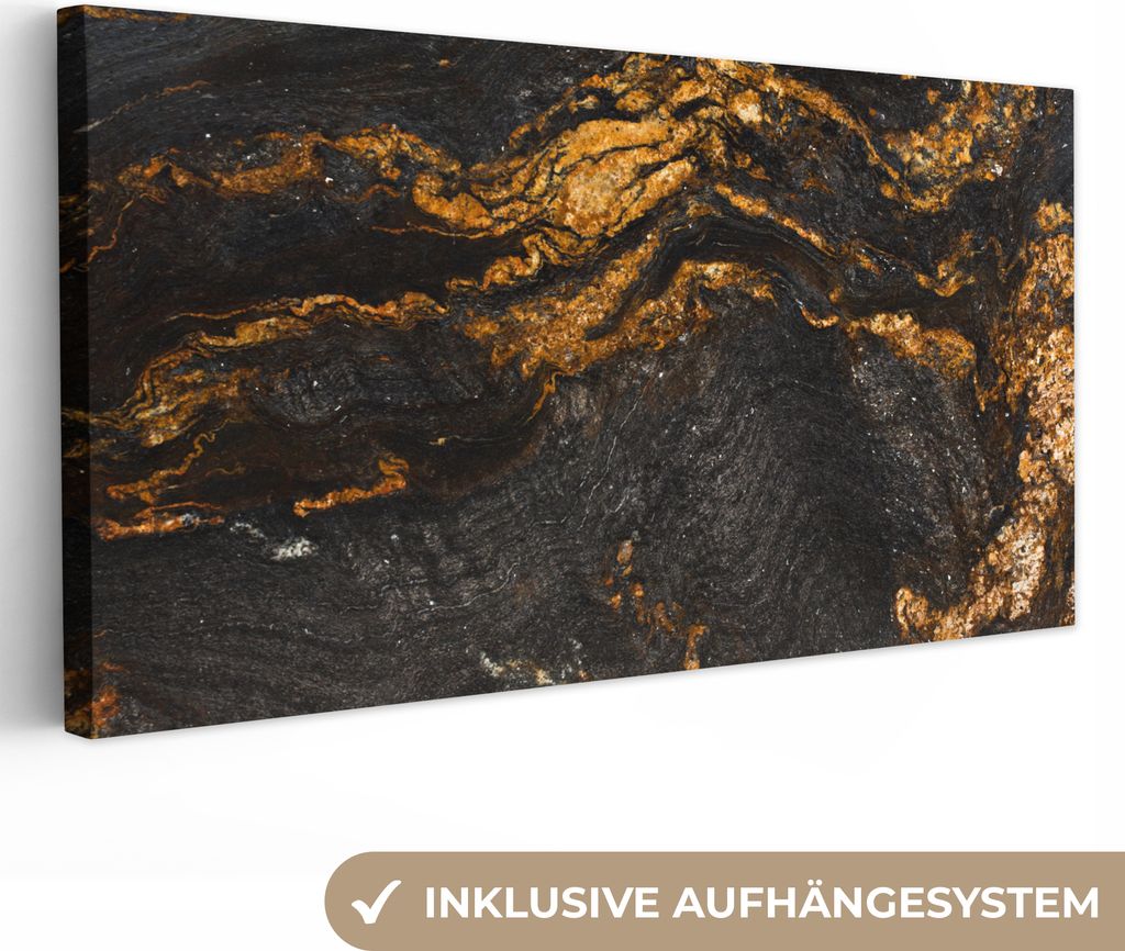 MuchoWow - Leinwandbilder - Marmor - Limette - Schwarz - Gold - Marmoroptik - Luxus, Wandbild, Wanddeko Bilder Wohnzimmer, 80x40 cm