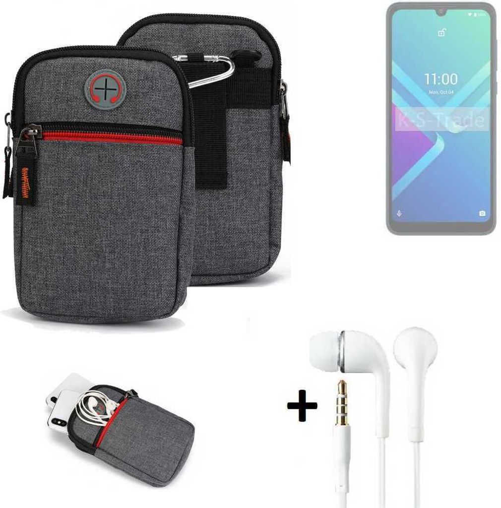 K-S-Trade Gürteltaasche + Kopfhörer kompatibel mit Wiko Y82 Handy Tasche Holster Schutz Hülle Handy Hülle grau Zusatzfächer 1x