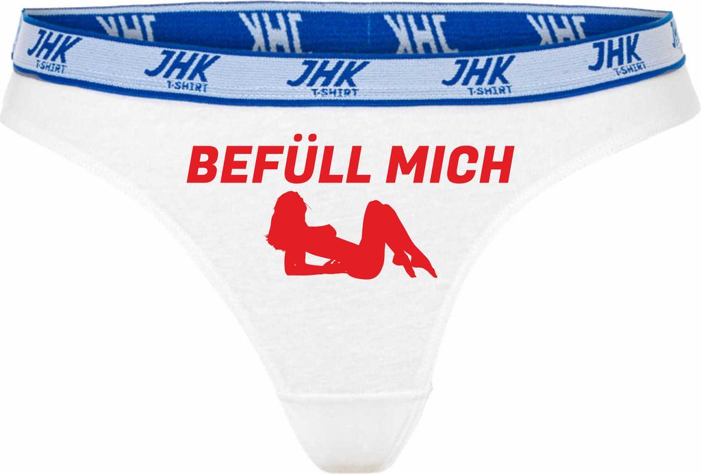 Damen Thong Slip - Boxer-0067-woman-white-h-L - weiß - L - hinten - BEFÜLL MICH - lustiges Motiv - Spruch - Unterwäsche - Unterhose - Freizeit -...
