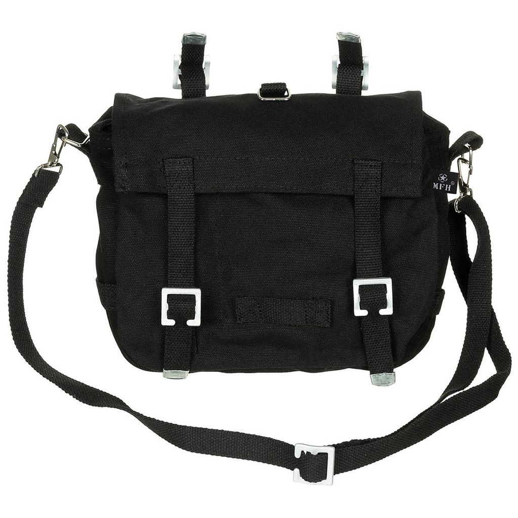 A black canvas messenger bag with metal buckles and straps.