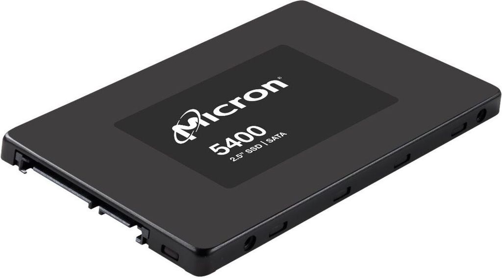 A black Micron 5400 PRO 960GB SATA 2.5 SSD is shown from a diagonal angle against a white background.