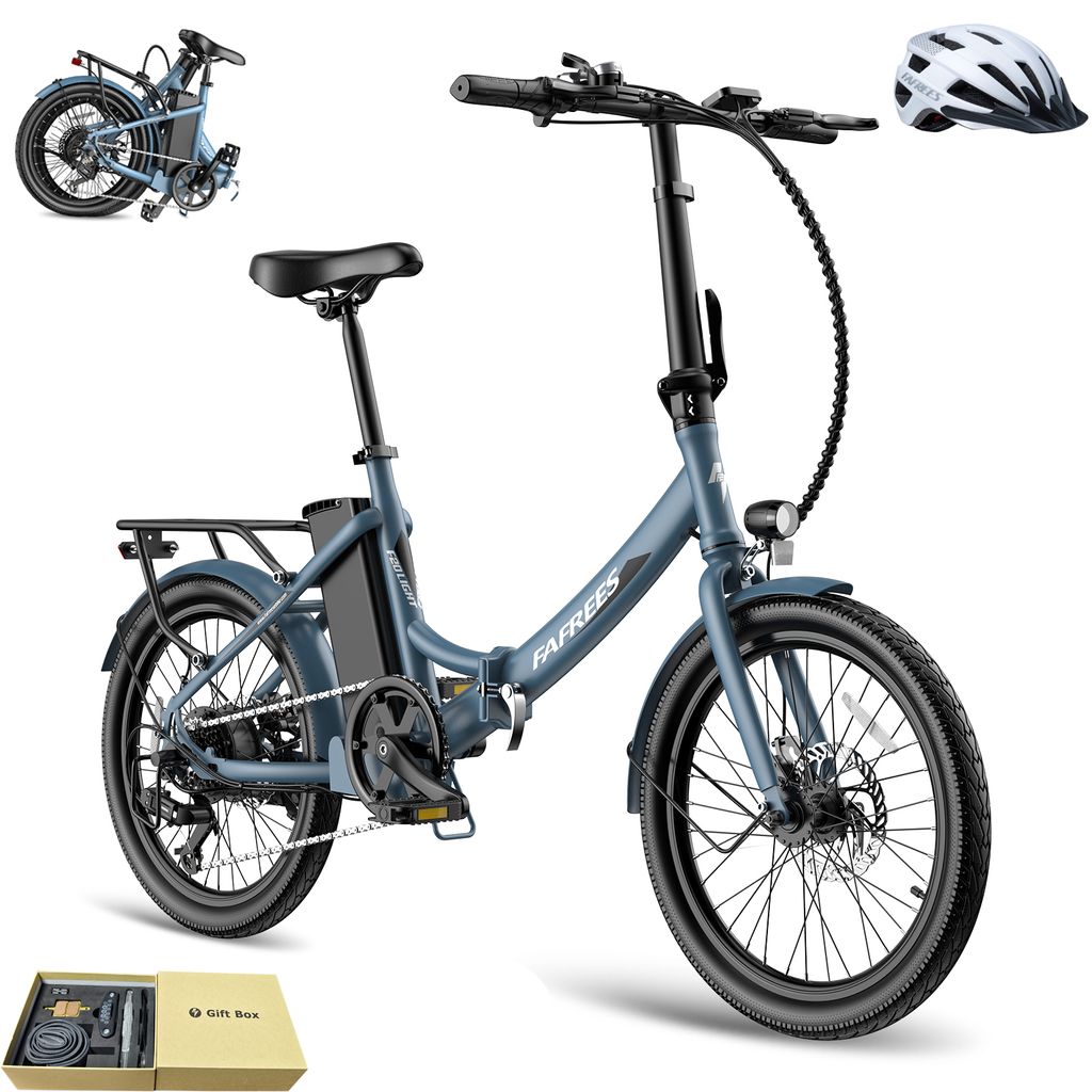 A blue folding electric bicycle is shown on a white background, with a helmet and a gift box in the lower left corner.