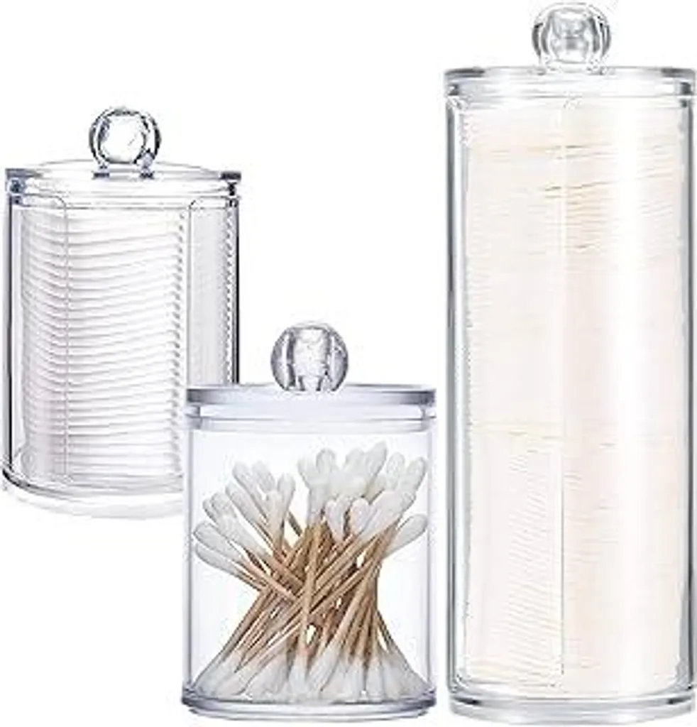 3 dispenser per dischetti di cotone, contenitore trasparente per dischetti di cotone, con coperchio Set organizer per trucchi, per cosmetici, Cotone fioc, batuffoli di cotone