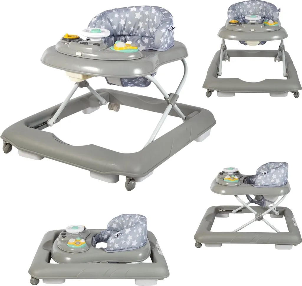 Bebies First Trotteur Bébé Pliable Gris avec Plateau de Jeux Éducatif