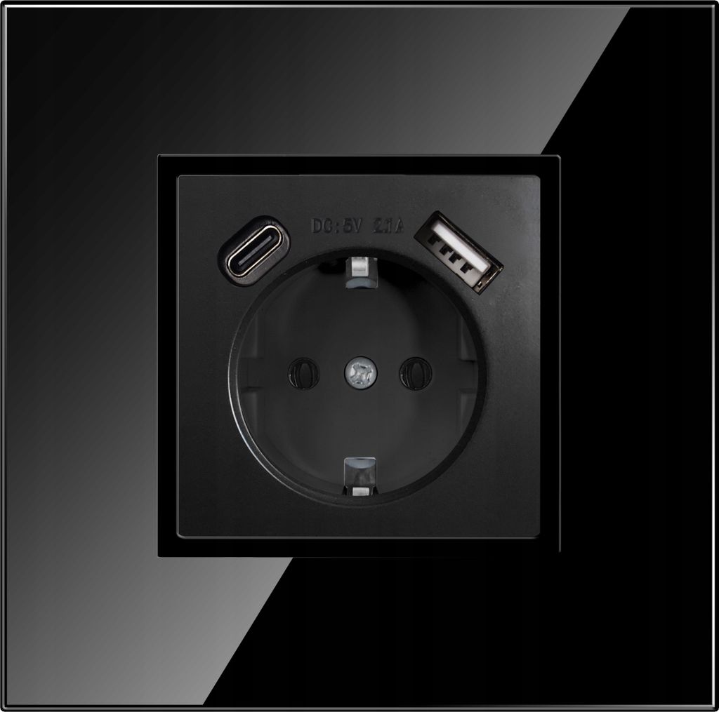 1-fach Steckdose + USB-A/C Schwarz Komplett mit Glasrahmen Schuko 230V QUADRA