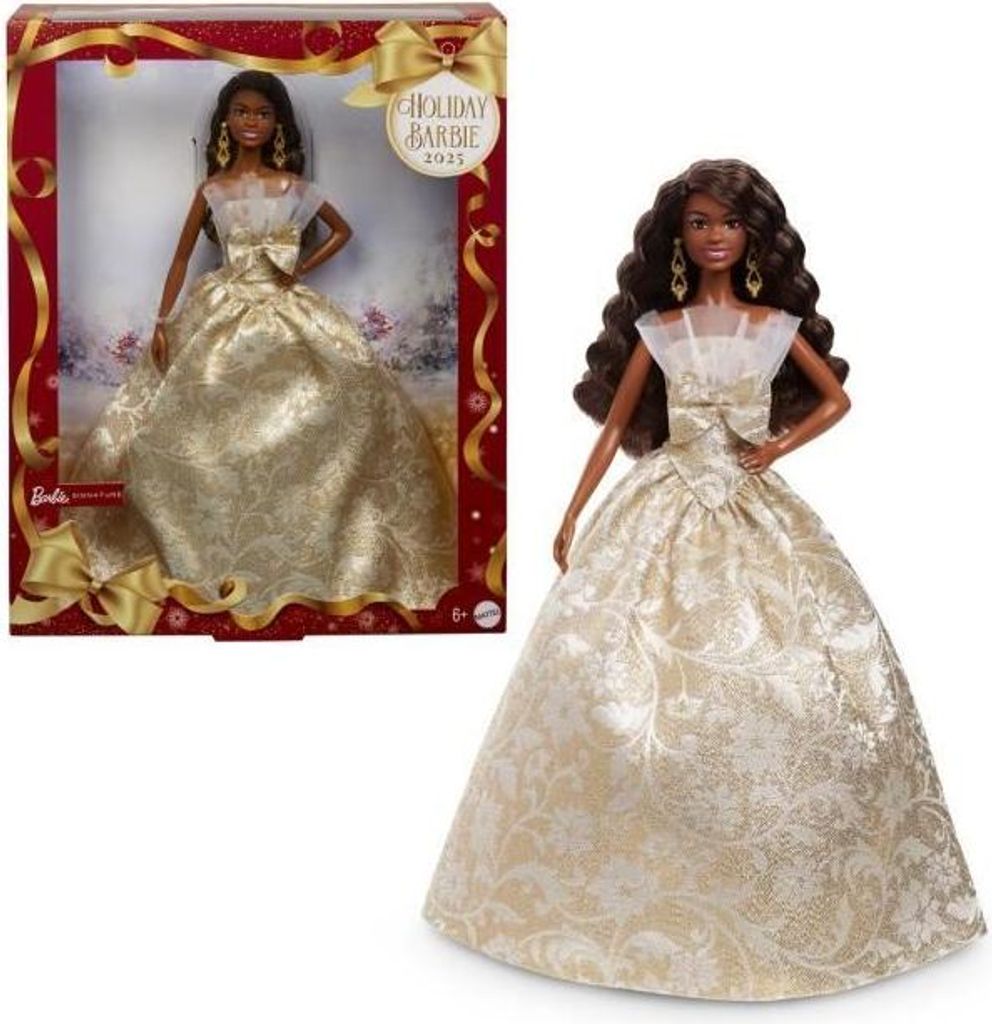 Barbie Puppe Joyeux Noël 2025, Braune Haare, Elegantes Kleid, Ab 3 Jahren