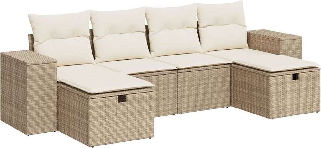 6-tlg. Garten-Sofagarnitur mit Kissen Beige Poly Rattan