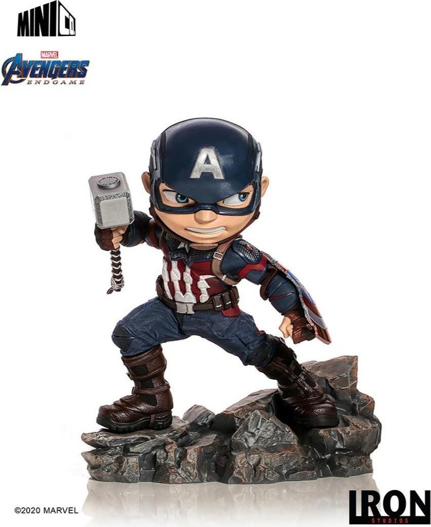 A collectible figurine of Captain America from Avengers: Endgame, holding Mjolnir and his shield, posed on a rocky base.