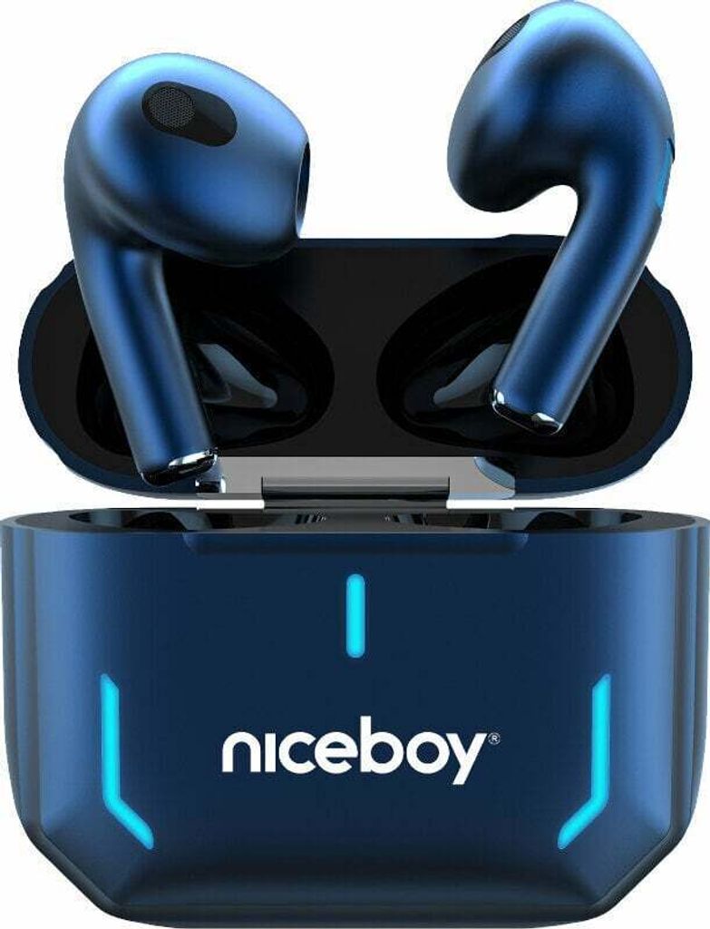 A pair of blue wireless earbuds and their charging case.