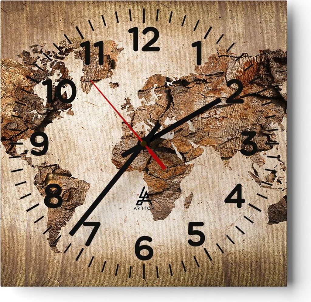 Wanduhr - Quadrat - Glasuhr - Karte Welt modern - 40x40cm - Schleichendes Uhrwerk - Lautlos - zum Aufhängen bereit - Dekoration Modern - Wanddekor...