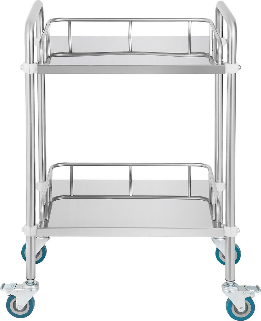 A two-tiered stainless steel utility cart with blue wheels, shown against a white background.