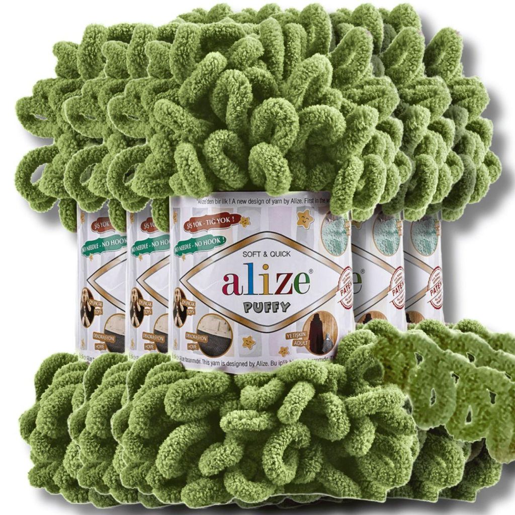 Alize 5x 100g Puffy Wolle, Uni, Häkeln, Stricken (Olive Produktbild 