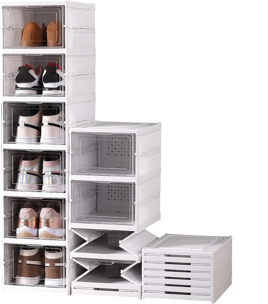 Schuhschrank Stapelbar Kunststoff –9-stufiger Faltbarer Schuhorganizer, Transparente Schuhboxen für Sneaker, Platzsparend Ohne Montage