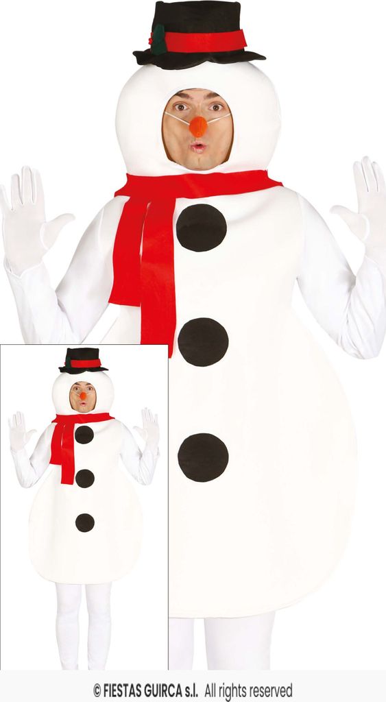 Schneemann Herrenkostüm – Festliches Einteiler-Überwurfkostüm mit rotem Schal und Zylinder, Größe:L