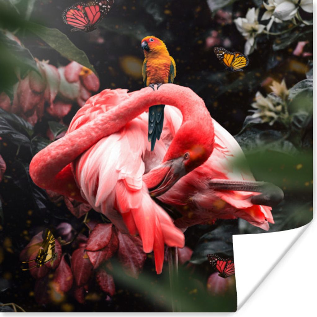 MuchoWow Poster Flamingo - Schmetterlinge - Dschungel 50x50 cm - Wohnzimmerdekoration