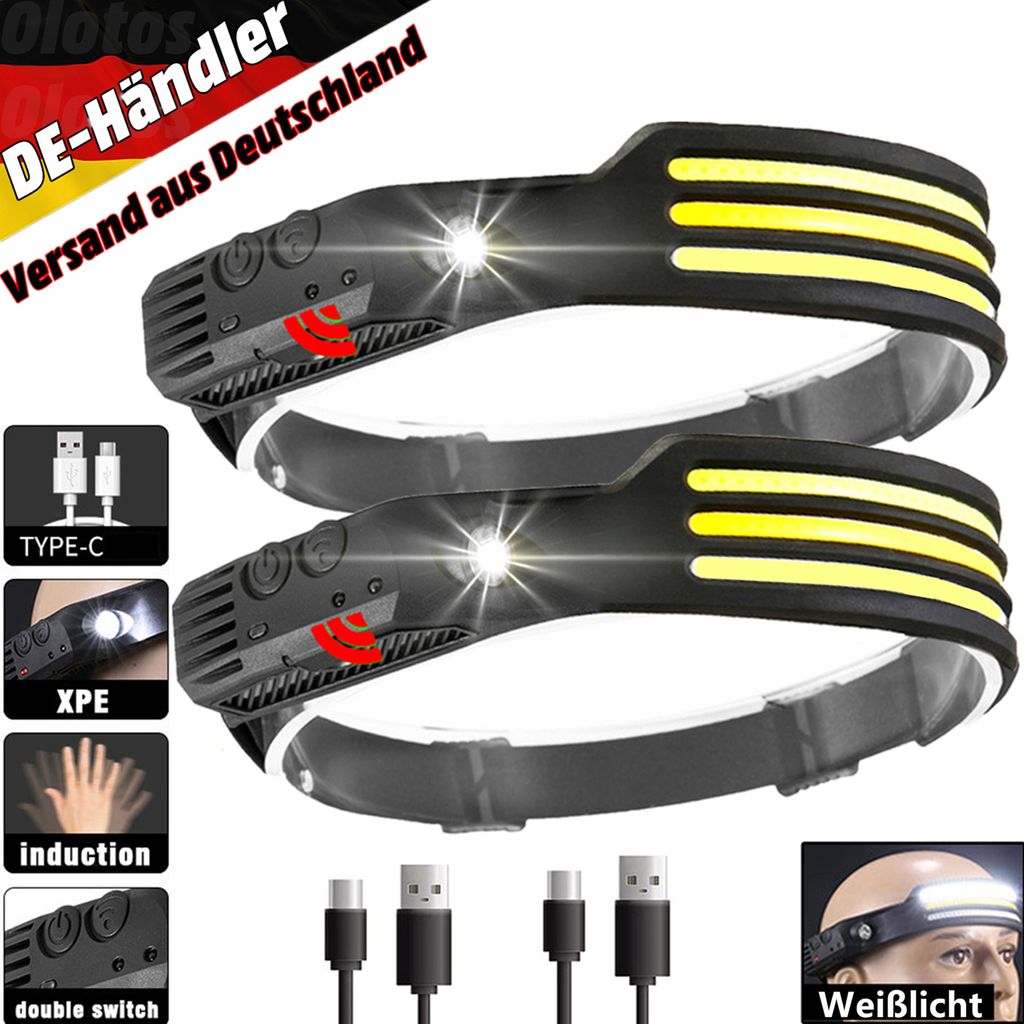 2*LED Stirnlampe, Sensorscheinwerfer USB wiederaufladbar Produktbild 