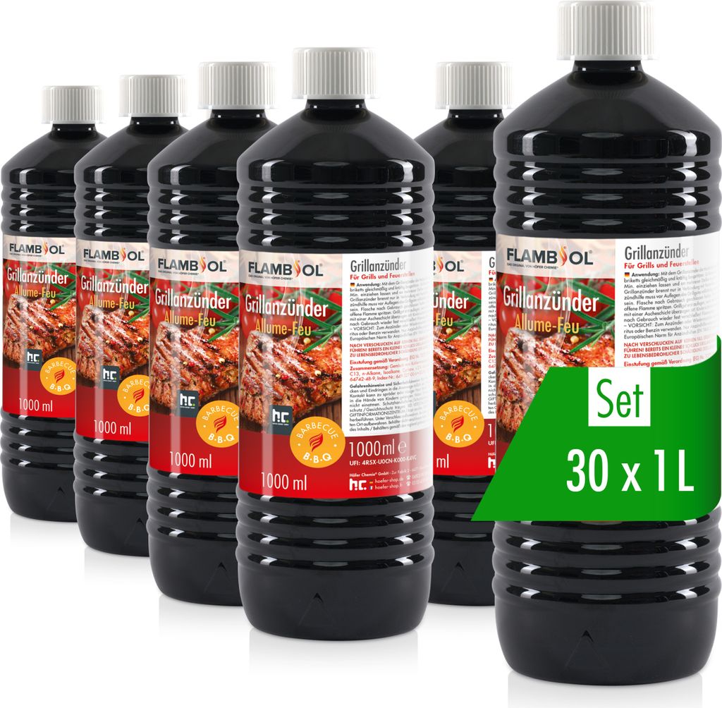 A set of six black bottles of grill lighter fluid, arranged in a row with a green promotional overlay on the rightmost bottle.