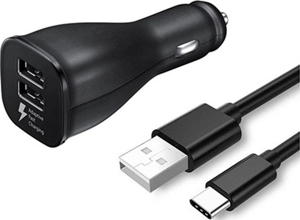 KFZ Schnell-Ladegerät 2xUSB für Original Samsung Galaxy Fold, Z Flip, Z Flip 5G + 1,2m schwarz USB Typ-C Ladekabel 15W PKW LKW Auto Car Charger