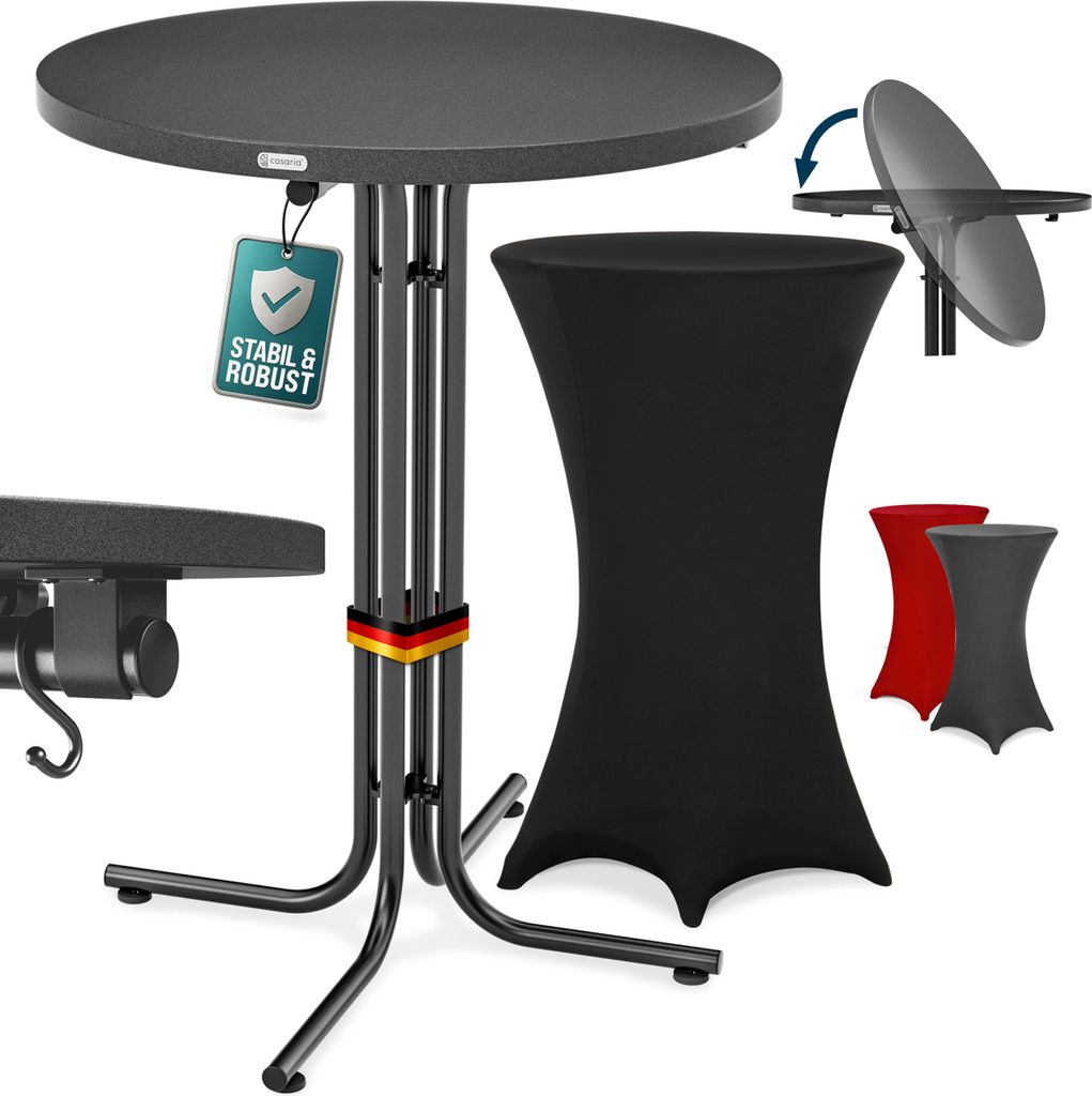 CASARIA Stehtisch mit Husse 70 cm Klappbar Schwarz Rund Holz Metall Pulverbeschichtet Wetterfest Hoch Set Bistrotisch Bartisch Garten Party Tisch