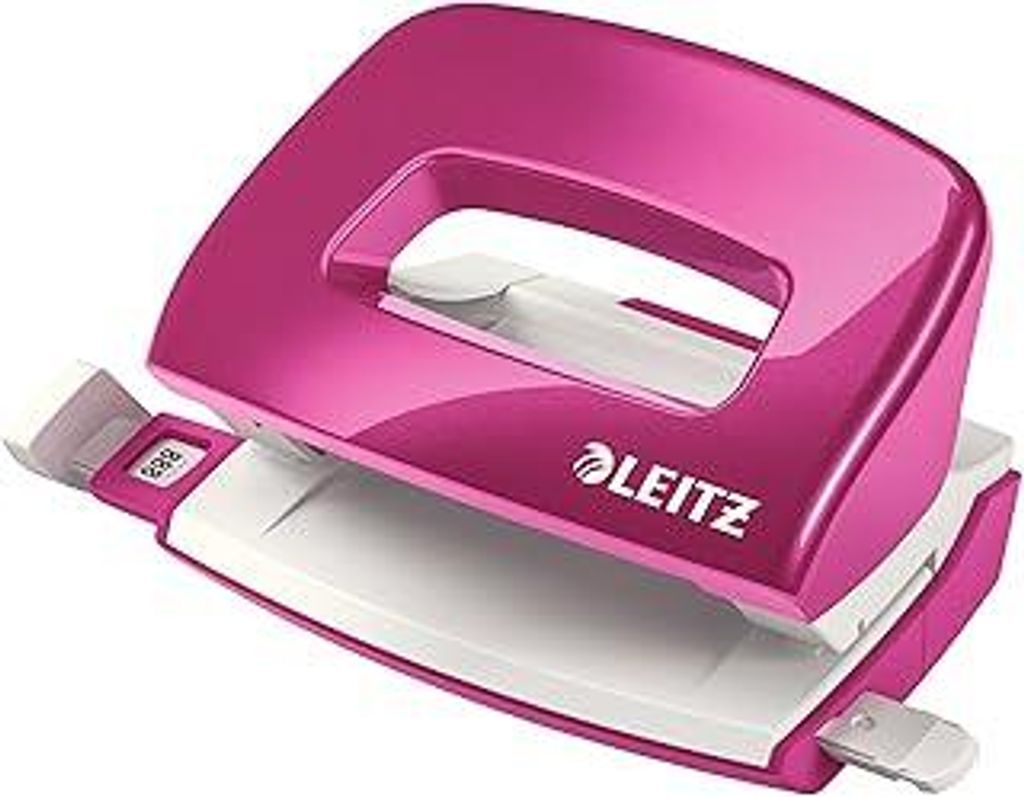 Leitz Mini Locher aus Metall, kleiner Locher für 10 Blatt, Metall, Anschlagschiene mit Formatangaben, Ergonomisches Design, Pink, WOW-Serie, 50601023