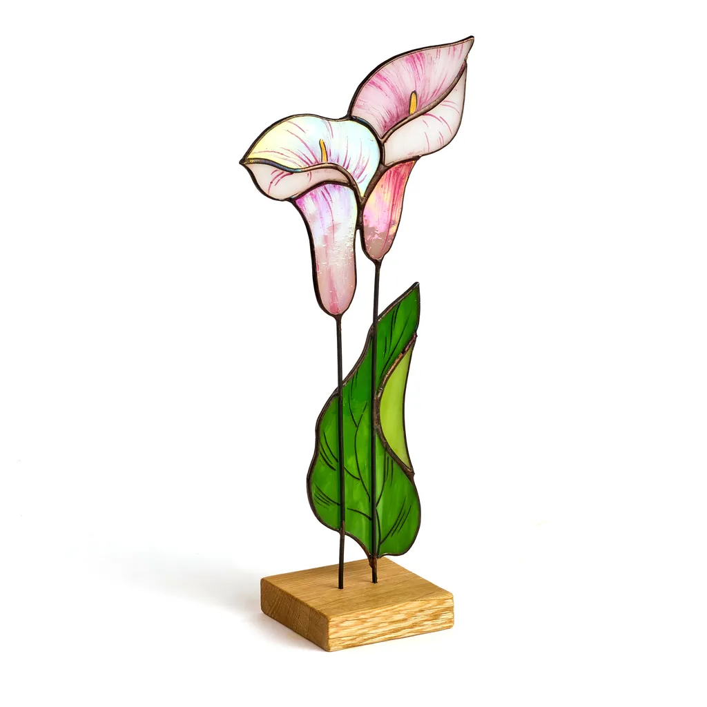Calla in Vetro Soffiato 26cm Rosa-Bianco con Base in Legno Artigianale