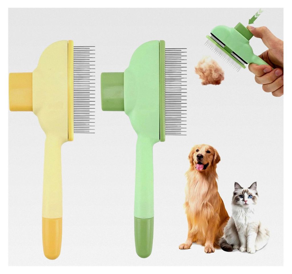 Selbstreinigender Flohkamm, 2 Stück, für Katzen und Hunde, mit Auslöseknopf, Fellpflegebürste zur Entfernung von Haaren und Knoten (Grün + Gelb)