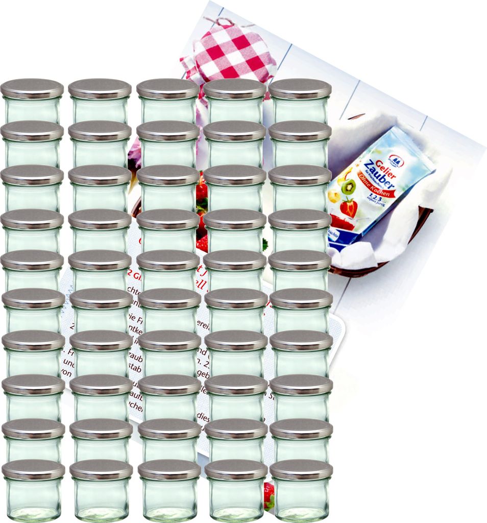 A large set of small glass jars with silver lids, arranged in rows, with a packet of jelly powder and a checkered cloth in the background.