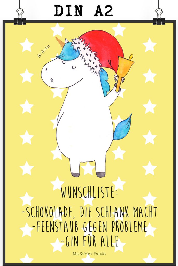 Mr. & Mrs. Panda Bild Einhorn Weihnachtsmann DIN A2 - Gelb Pastell - Geschenk, Wandbild, Kunstdruck, Schokolade, Nikolaus, drucke, Plakat, Einhörn...