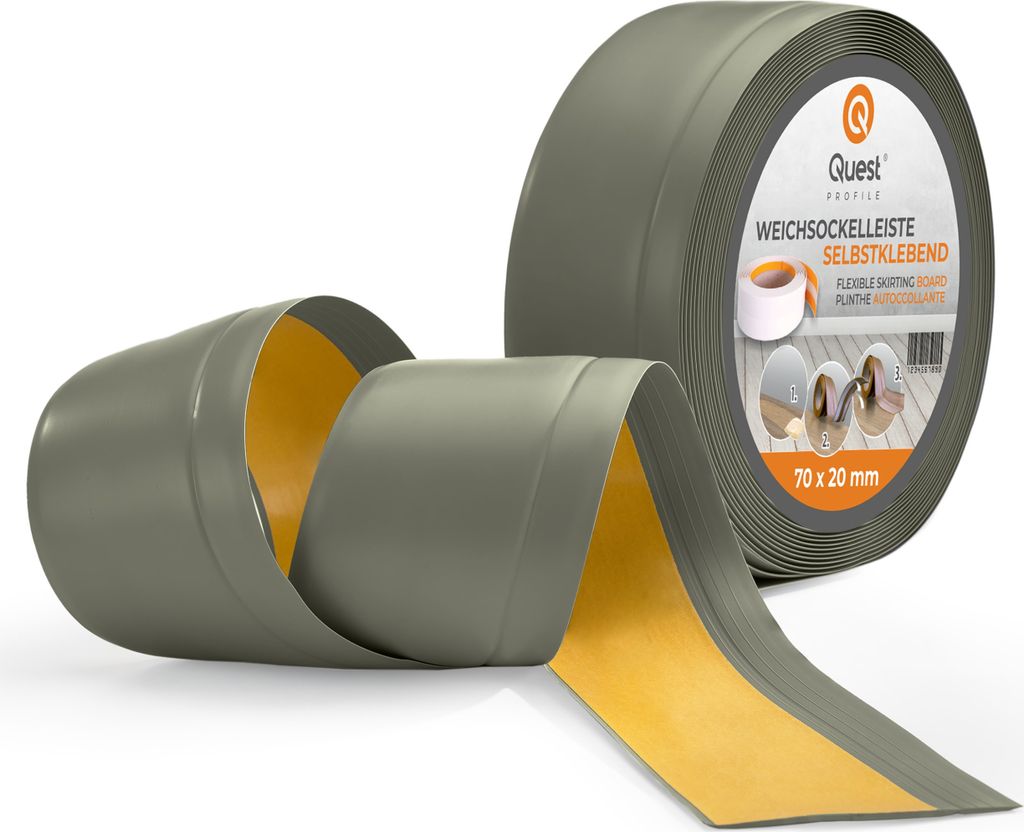 QUEST Weichsockelleiste Selbstklebend 70x20mm, 5m, PVC Sockelleiste, Breite Knickleiste für Wände, Boden, Flexibel, Dekorativ, UV-beständig, olive