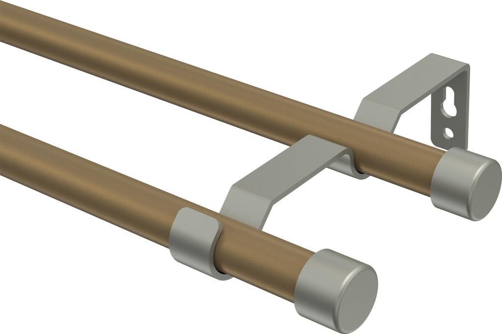 Interdeco Gardinenstange / Vorhangstange Gold matt / Chrom matt, Typ Olymp Lucan (Kappe), 16 mm Ø 2-läufig, 100 cm