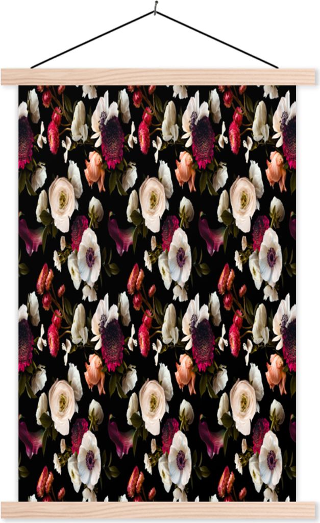 MuchoWow Textilposter Blumen - Anemone - Collage - Farbe 120x180 cm mit holzfarbenen Rahmen - Textil-Plakat