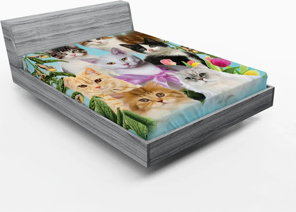 Linge de lit : drap-housse imprimé chats et fleurs pour grand matelas