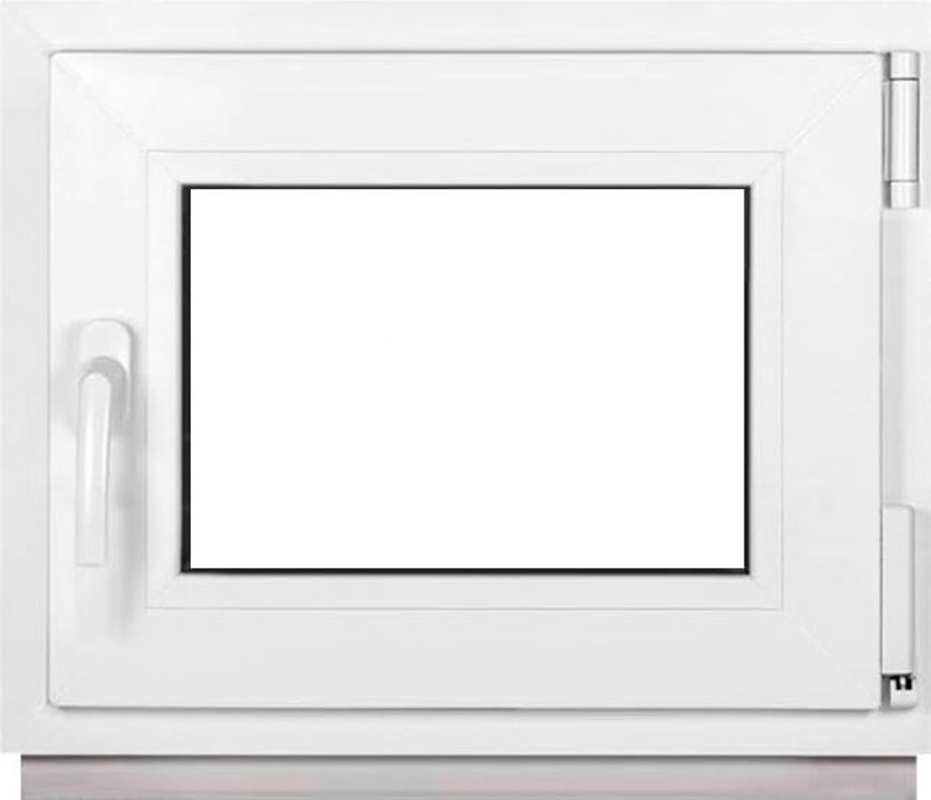 A white window frame with a blank white pane, showing a handle on the left and hinges on the right.