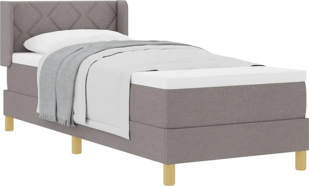 Lit boxspring 1 personne avec tête de lit et coussins tissu taupe