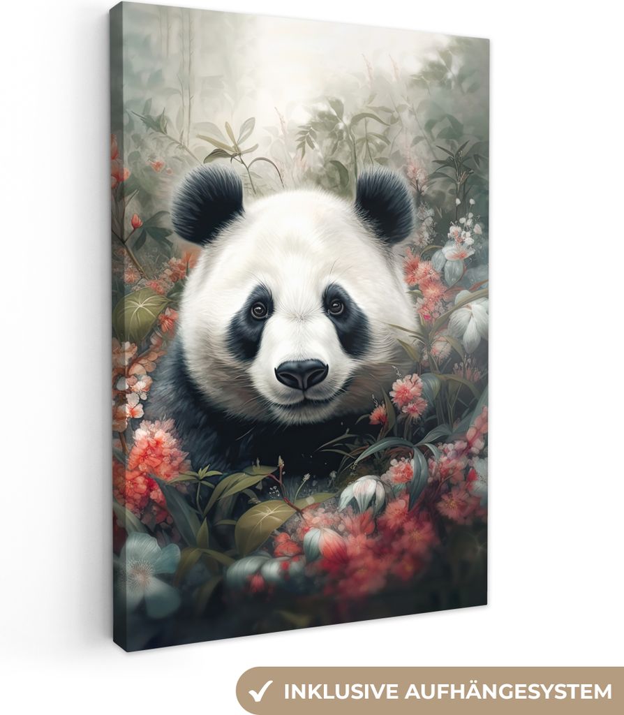 OneMillionCanvasses - Leinwandbilder - 90x140 cm, Panda - Wildtiere - Blumen - Natur, Wandbilder Kunstdruck Wanddekoration - Foto auf Leinwand - ...