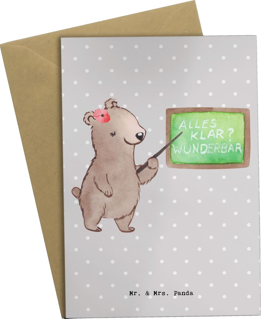 Mr. & Mrs. Panda babykarte Sachkundelehrerin Herz - Grau Pastell - Geschenk, Sachkundeunterricht, Grundschule, osterkarte, genesungskarte, weihnach...