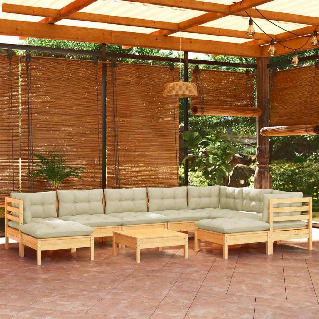 The Living Store 10-tlg. Garten-Lounge-Set mit Creme Kissen Massivholz Kiefer