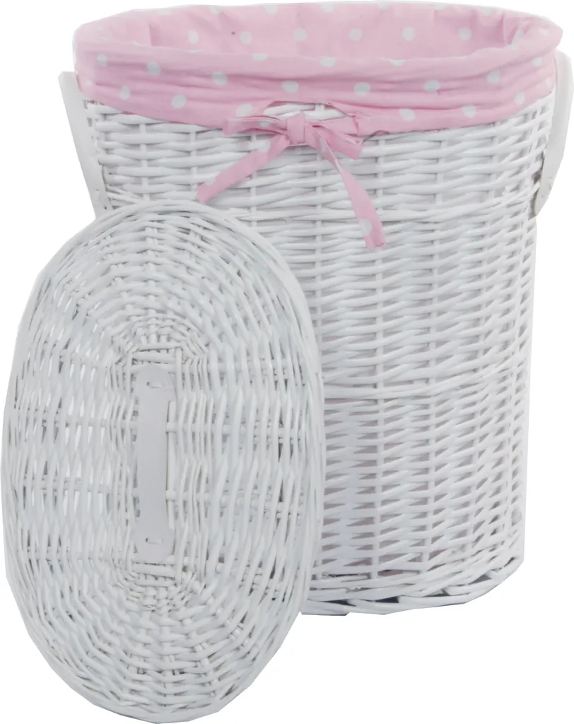 Cesto Portabiancheria Shabby in Vimini Bianco e Rosa Ovale 46x34x55