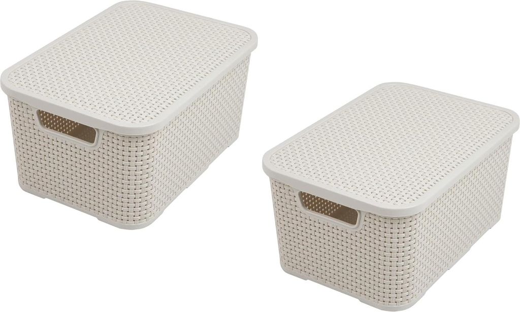 Set aus 2 Körben mit Deckel - Rattan-Design - Creme - Kunststoff