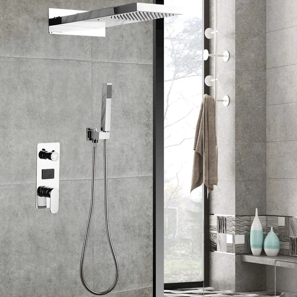 Kit Douche Encastré 3 Voies avec Mitigeur Thermostatique Cascade Argent