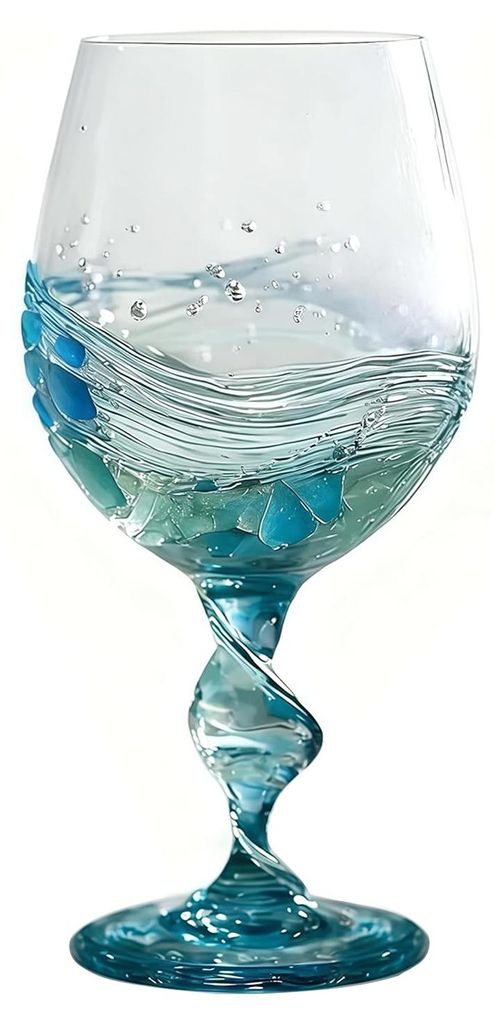 Weinglas mit spiralförmigem Henkel, blau-grünem Farbverlauf und einzigartiger Wellenstruktur. Handliches Weinglas mit spiralförmigem Henkel.