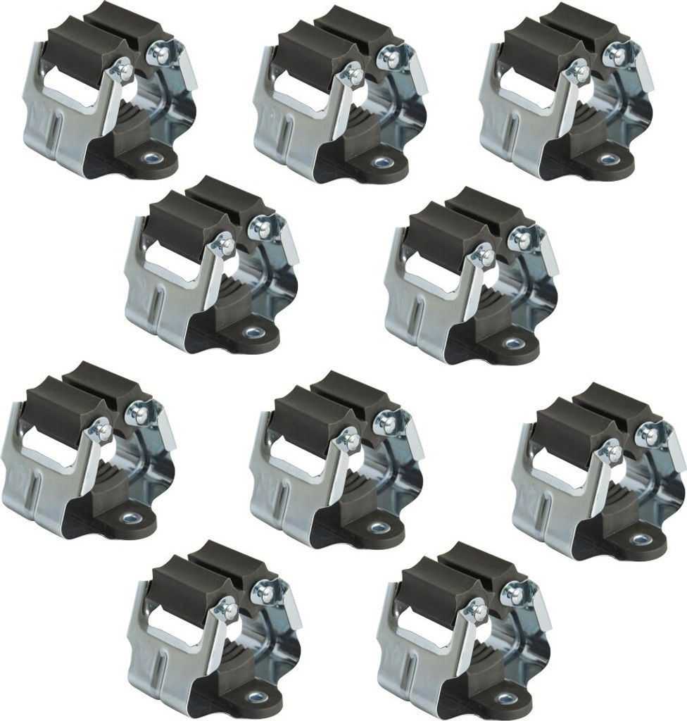 A set of ten identical wall-mounted holders for tools or cleaning supplies, arranged in a grid.