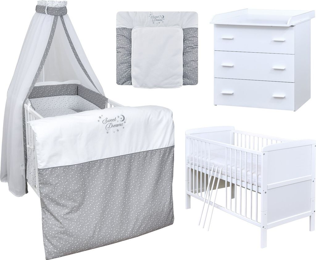 Baby-Delux Babyzimmer Babybett Wickelkommode Weiss Bettwäsche Komplett Set Sweet Dreams
