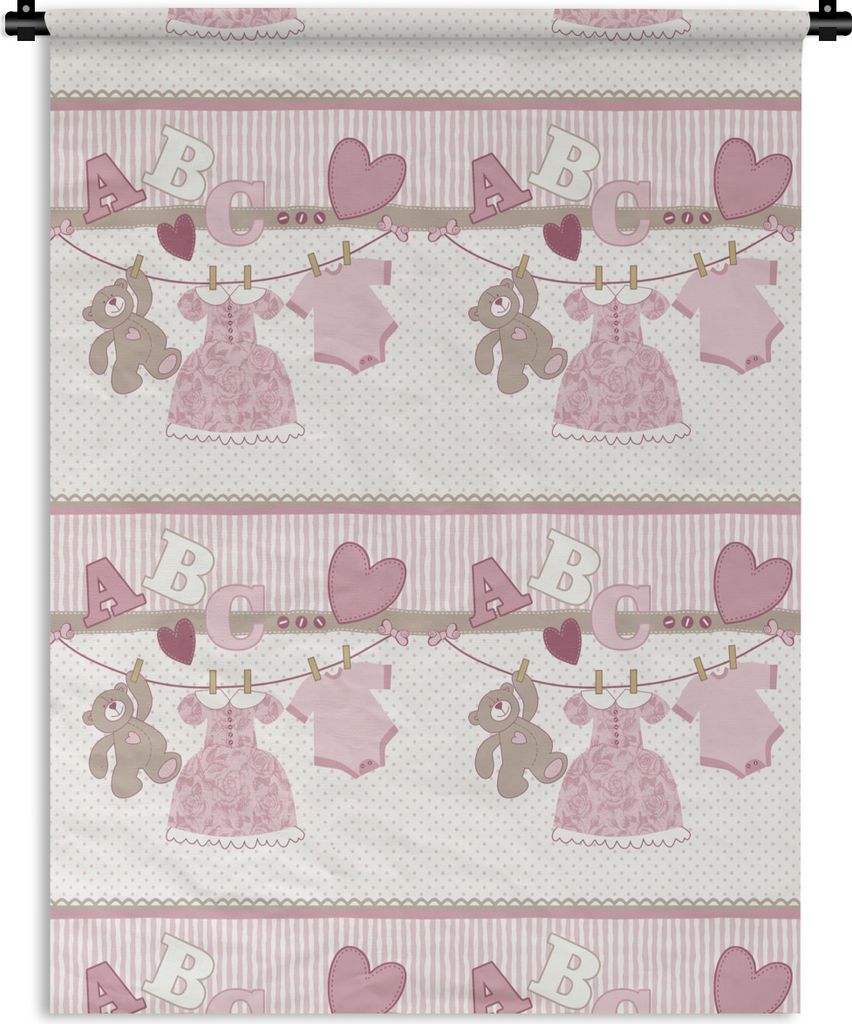 MuchoWow Wandteppich Wandbehang Babykleidung - Mädchen - Teddybär - Wäscheleine - Design 120x160 cm Tapisserie Dekoration Wandtuch - Wohnzimme...